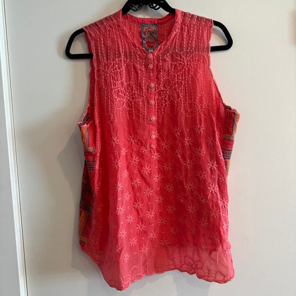 Johnny Was Turia Eyelet Tank Top Pink Embroidered Floral Button Front Sz M